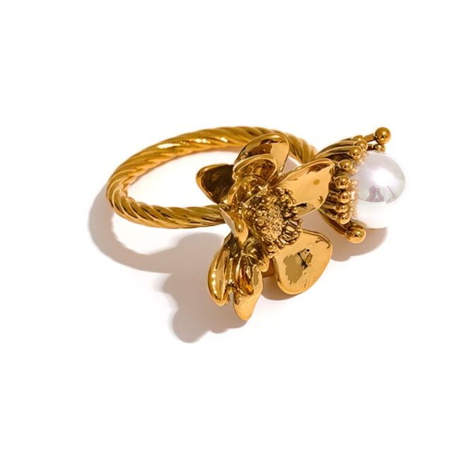 Anillo Ajustable De Flor De Perla Chapado En Oro De 18k 15