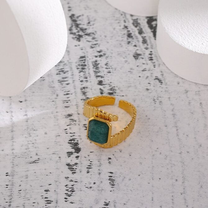 Anillo Ajustable De Malaquita Texturizada Chapado En Oro De 18k 9