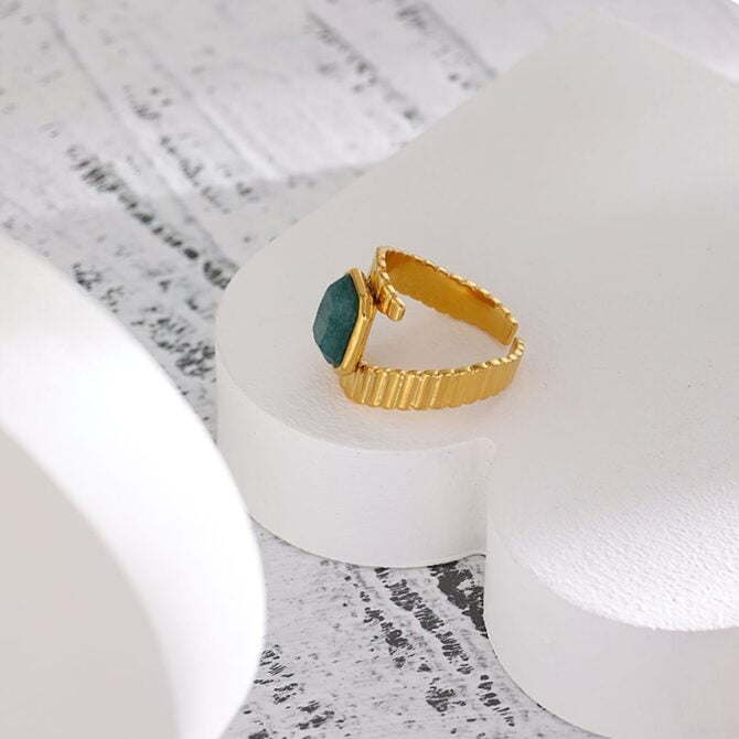 Anillo Ajustable De Malaquita Texturizada Chapado En Oro De 18k 12