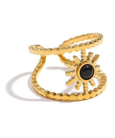 Anillo Ajustable Con Piedra Negra Chapado En Oro De 18k