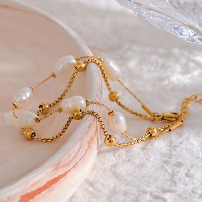 Pulsera De Doble Perla Bañada En Oro De 18k 7