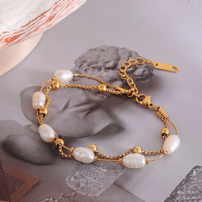 Pulsera De Doble Perla Bañada En Oro De 18k 9