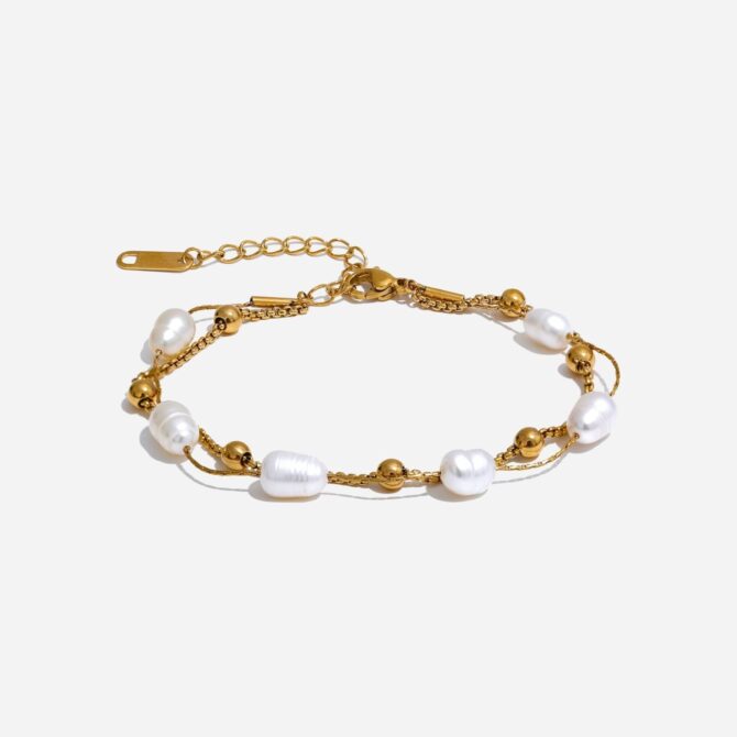 Pulsera De Doble Perla Bañada En Oro De 18k 14