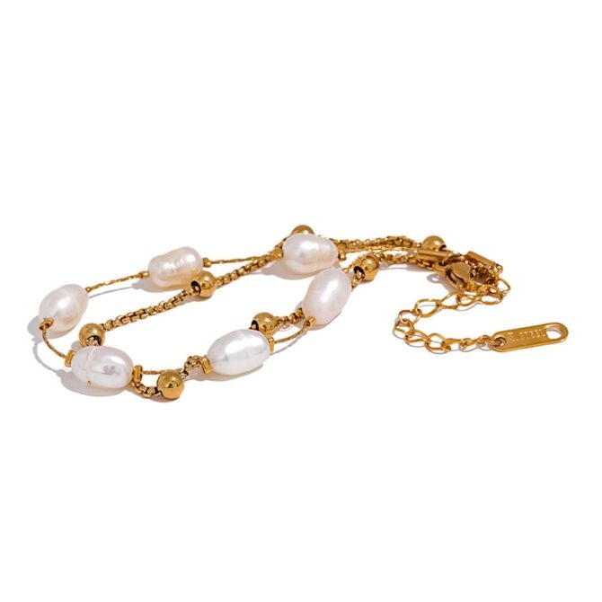 Pulsera De Doble Perla Bañada En Oro De 18k 11