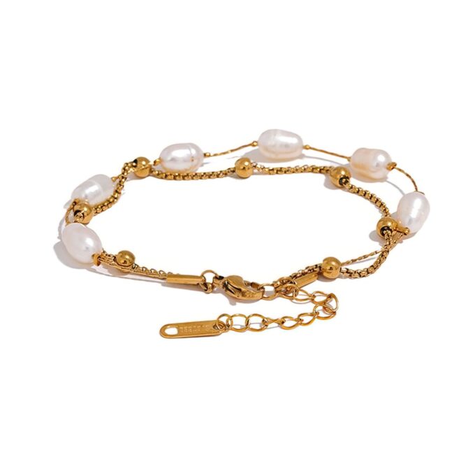 Pulsera De Doble Perla Bañada En Oro De 18k 12