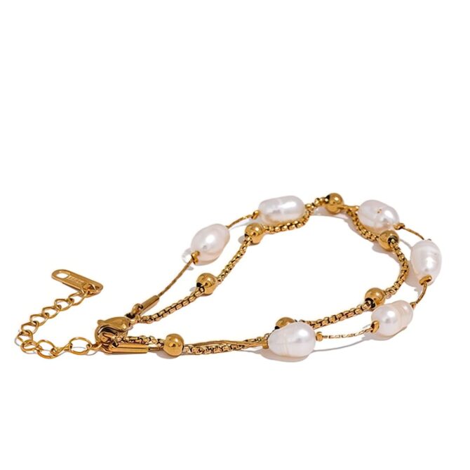 Pulsera De Doble Perla Bañada En Oro De 18k 13