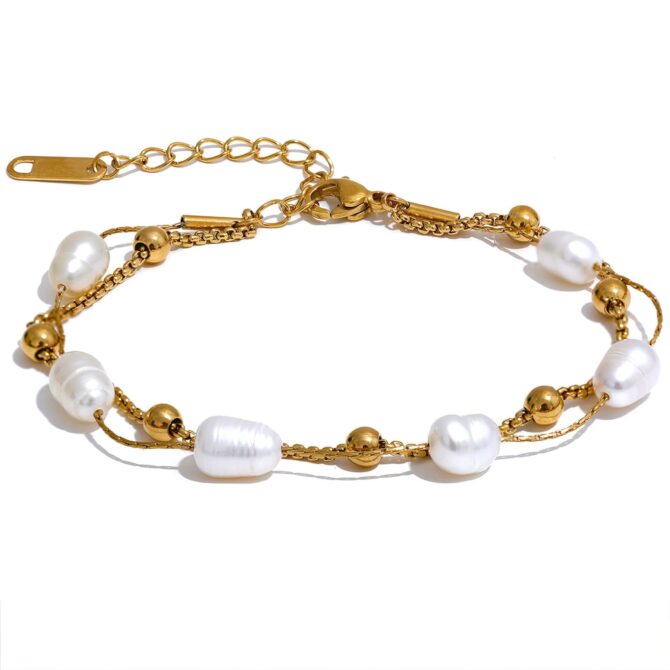 Pulsera De Doble Perla Bañada En Oro De 18k 1