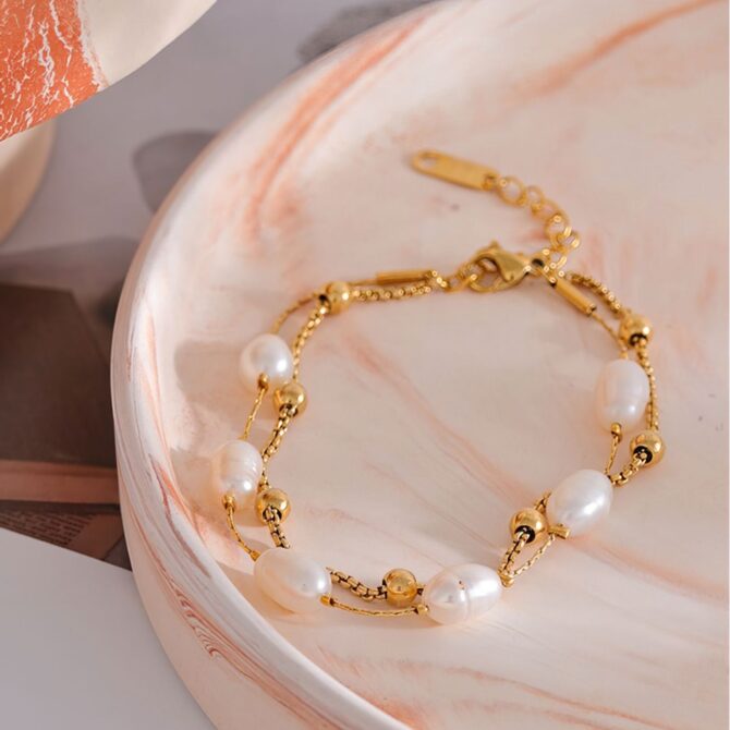 Pulsera De Doble Perla Bañada En Oro De 18k 5