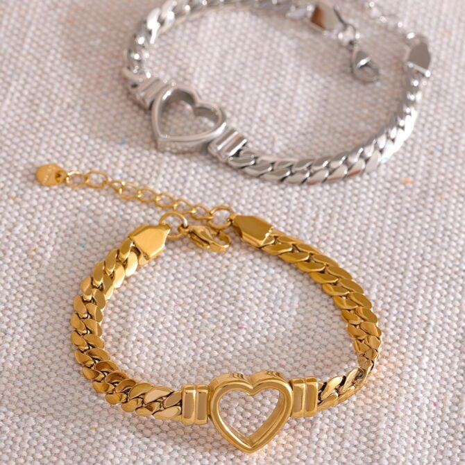 Pulsera Gruesa De Corazón Chapada En Oro De 18k 13