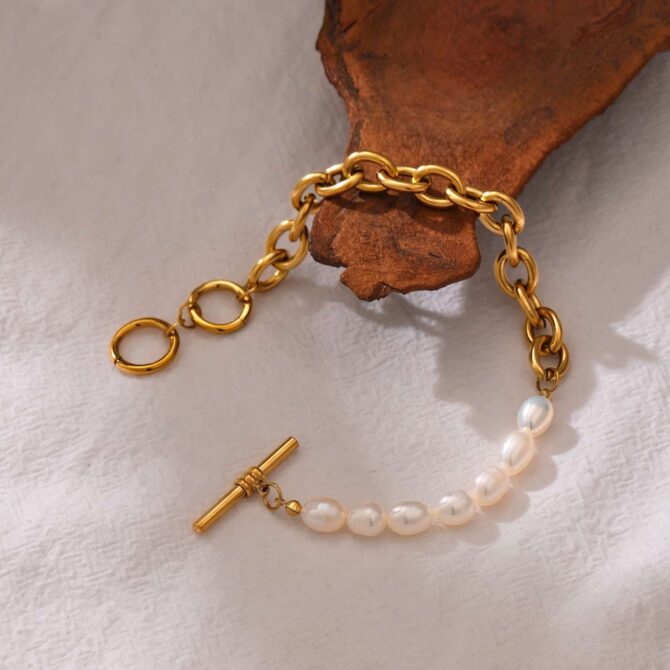 Pulsera Gruesa De Perlas Chapadas En Oro De 18k 5