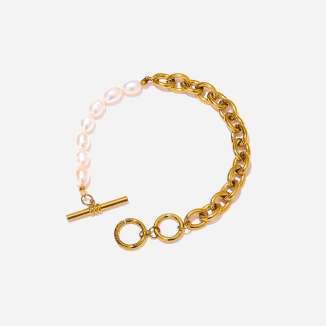 Pulsera Gruesa De Perlas Chapadas En Oro De 18k 9